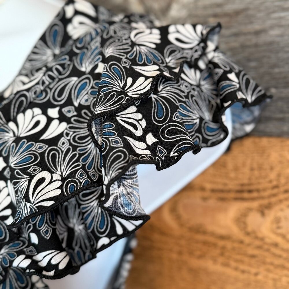 Susan Lawrence Black Paisley Boho-chic Ruffle Cap Shoulder Blouse Sz. S - Picture 4 of 8